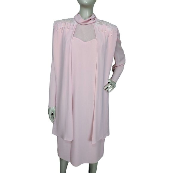VTG 80s Layered Chiffon Iridescent Pearl Beaded Sequined High Shoulder MOB Dress - Picture 2 of 8